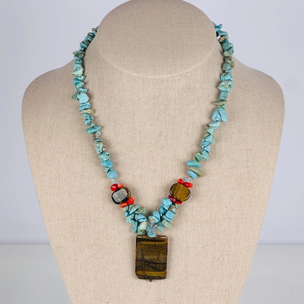 Artisan‎ Tigers Eye Pendant Necklace Blue Turquoise Red Coral Chip Southwestern